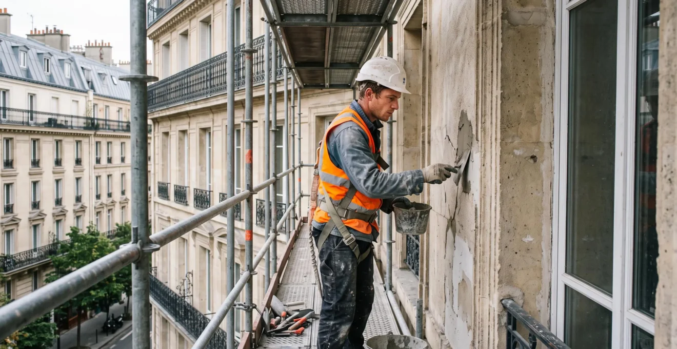 Ouvrier du bâtiment travaillant sur un échafaudage fixe installé contre la façade d'un immeuble lors d'un chantier de ravalement.