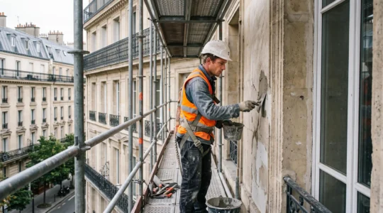 Ouvrier du bâtiment travaillant sur un échafaudage fixe installé contre la façade d'un immeuble lors d'un chantier de ravalement.