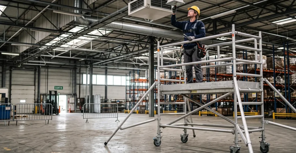 Technicien de maintenance travaillant sur un échafaudage roulant à l'intérieur d'un entrepôt industriel.