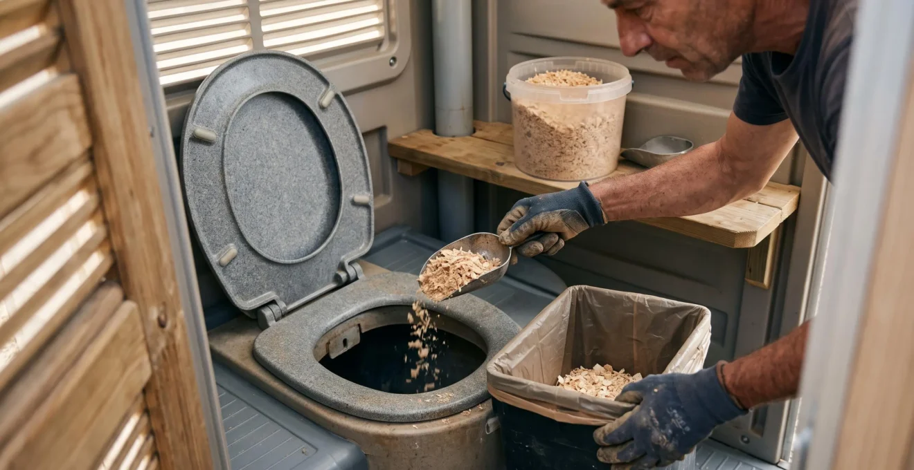 Mains gantées ajoutant de la sciure dans le compartiment d'une toilette sèche autonome installée sur un chantier.