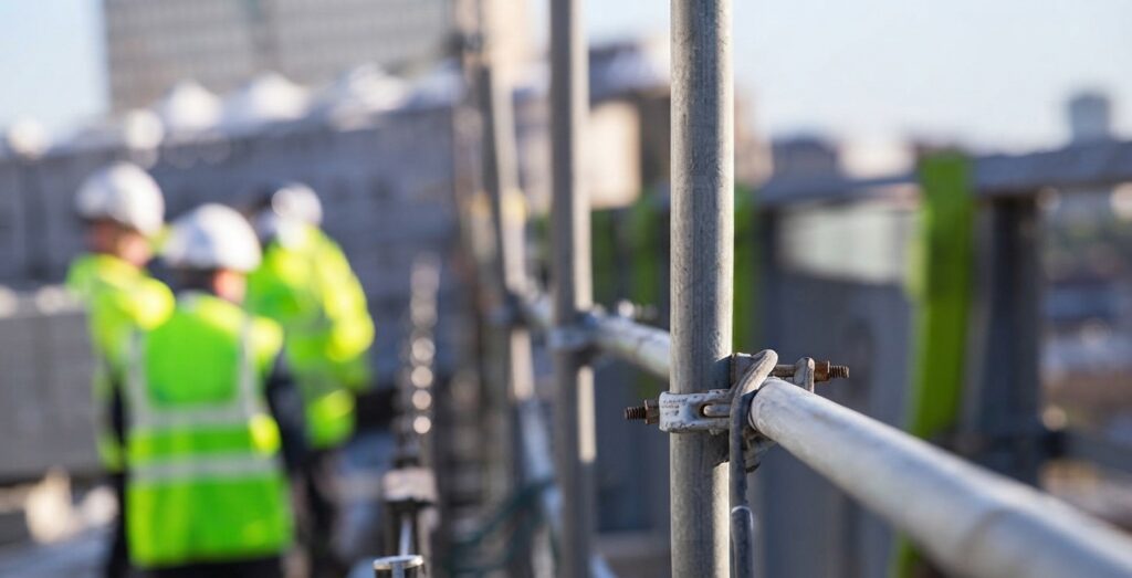 Mains d'un monteur d'échafaudage assemblant des tubes et raccords métalliques sur un chantier.