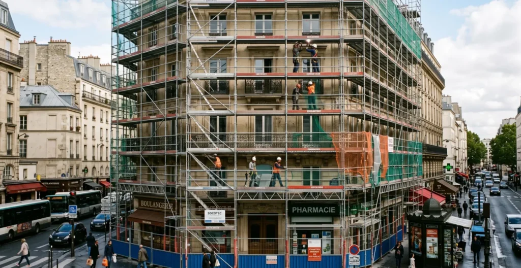 Installation complète d'échafaudage métallique sur plusieurs étages d'un immeuble urbain français en cours de rénovation.