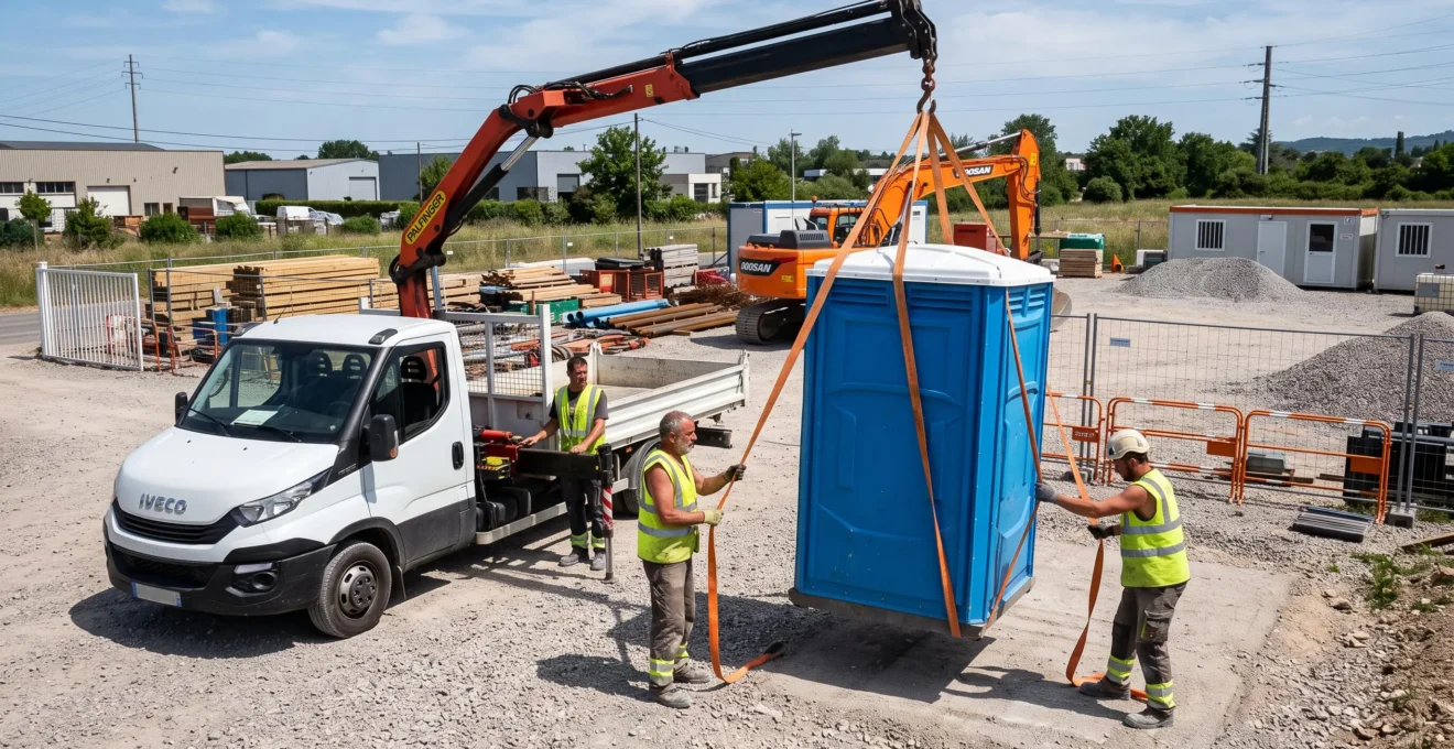 Livraison d'une cabine sanitaire autonome par camion sur un chantier français, deux ouvriers guidant la dépose au sol.