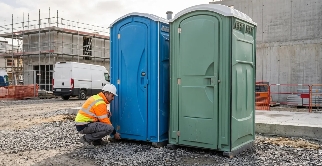 Deux cabines sanitaires autonomes, chimique et sèche, installées côte à côte sur un chantier de construction en France, avec un superviseur vérifiant l'ancrage.