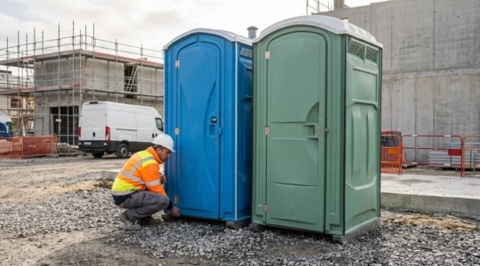 Deux cabines sanitaires autonomes, chimique et sèche, installées côte à côte sur un chantier de construction en France, avec un superviseur vérifiant l'ancrage.