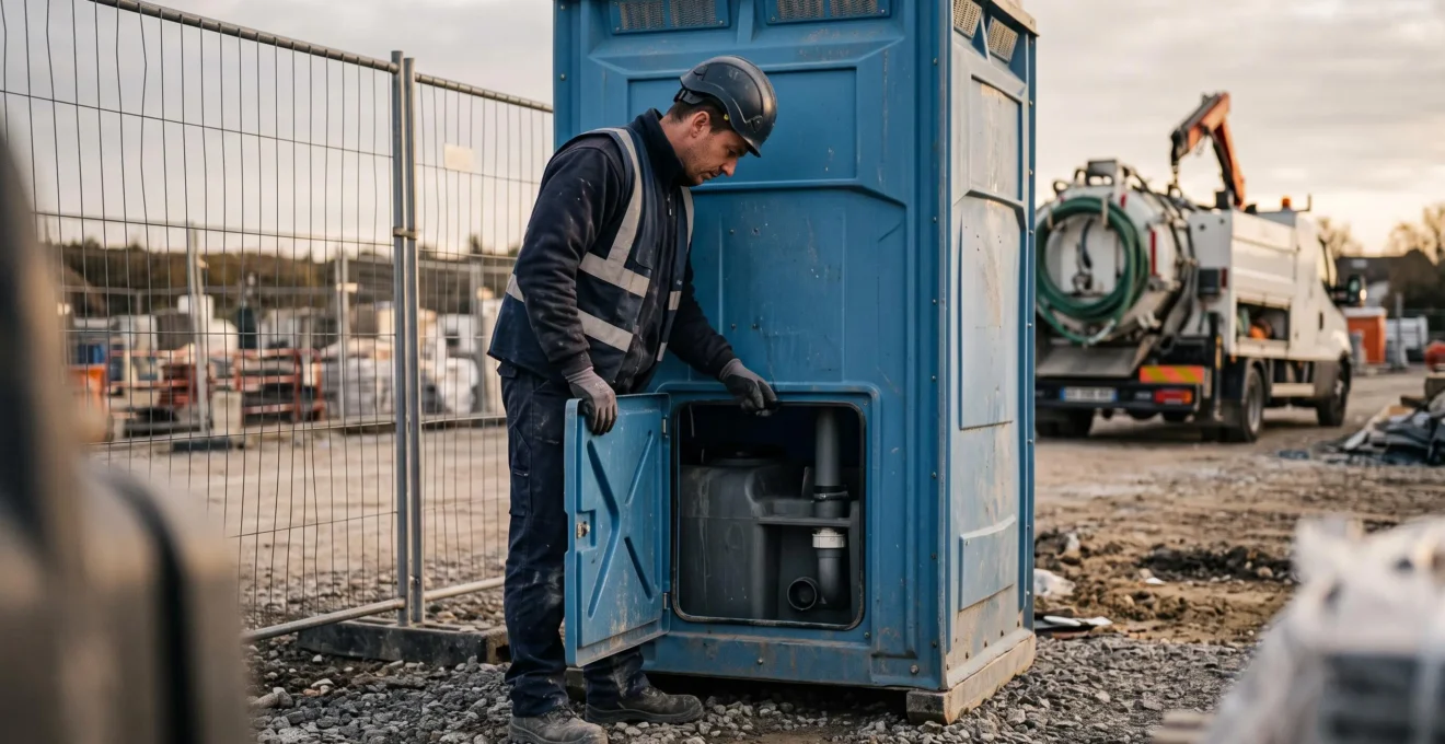 Technicien de maintenance contrôlant le réservoir d'une cabine sanitaire chimique par le panneau arrière sur un chantier.